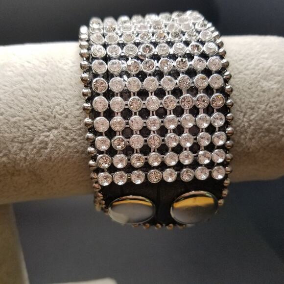 Rhinestone Wide Snap Bracelet, Clear Rhinestones Brown Faux Leather, 7 3/4 Inch - Picture 2 of 9